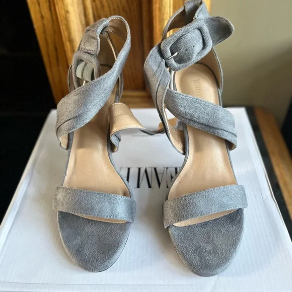 Gray Medium Suede Heel Sandals with Ankle Strap - Picture 1 of 5